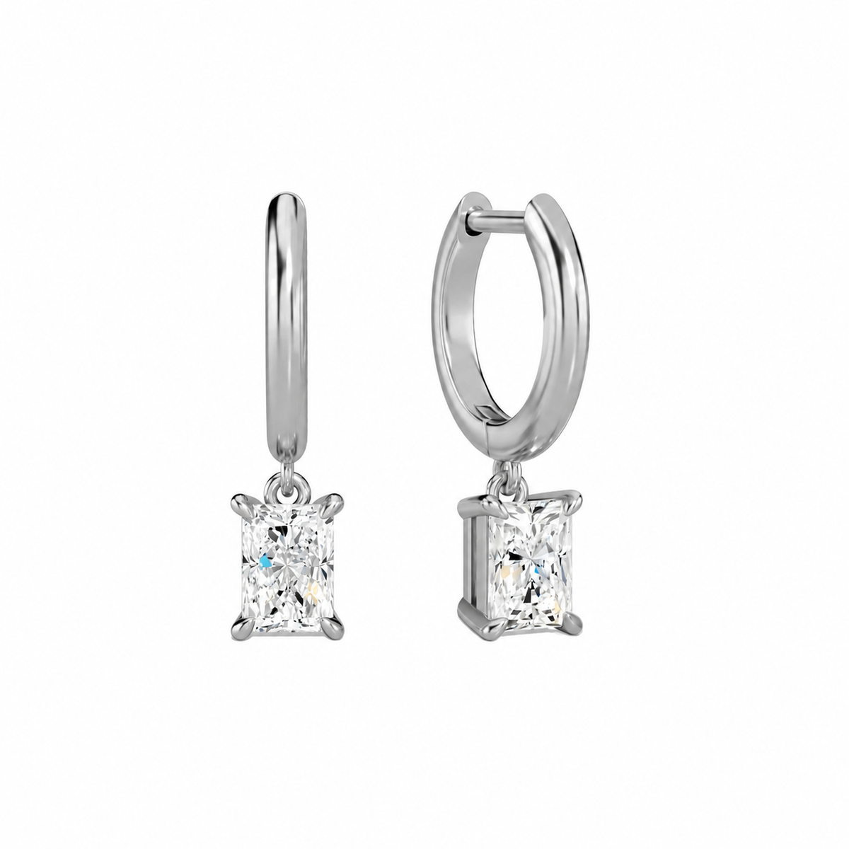 Cerelia Radiant Solitaire Drop Huggie Hoop Lab-Grown Diamond Earrings in 14K White Gold, front view