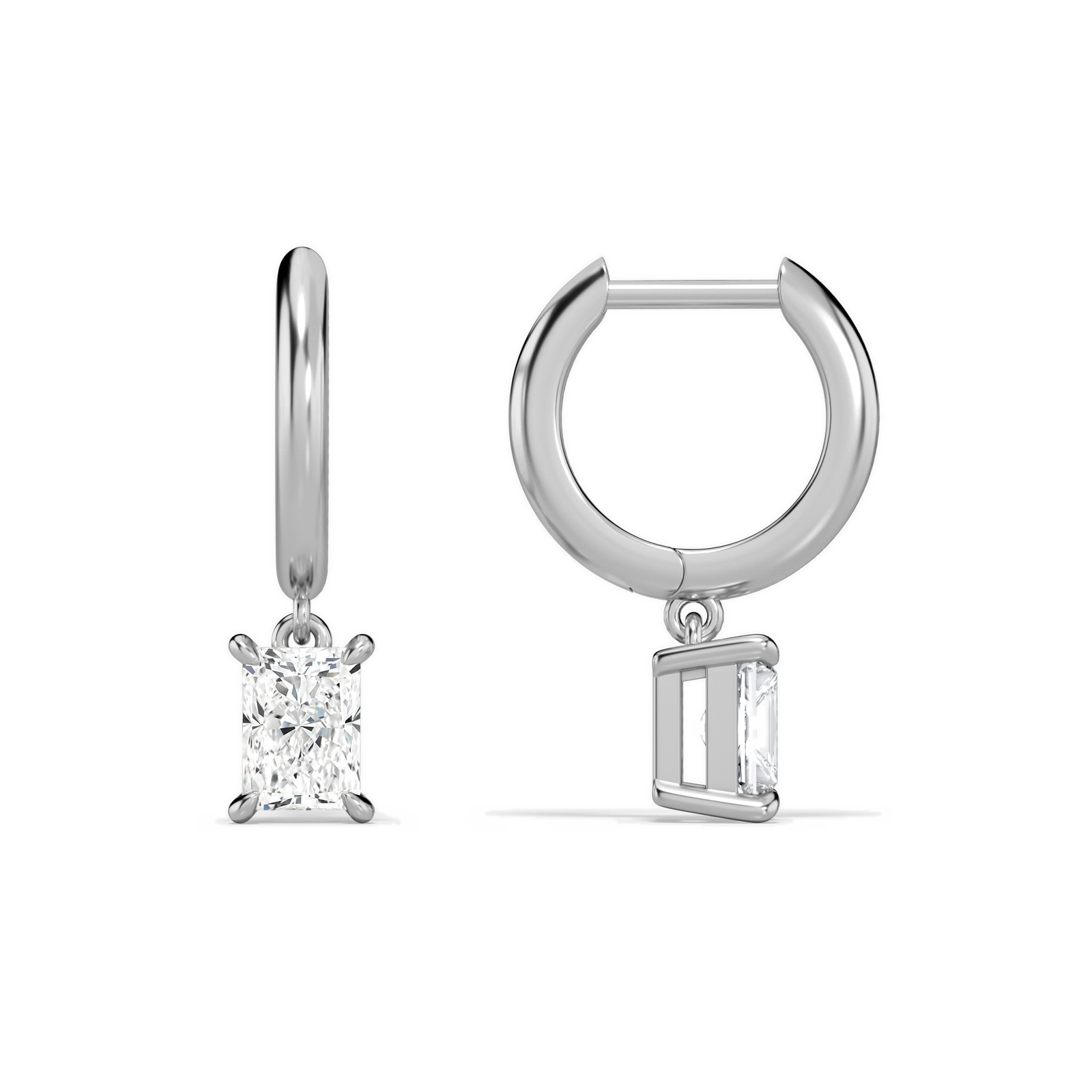 Cerelia Radiant Solitaire Drop Huggie Hoop Diamond Earrings in Platinum second product view