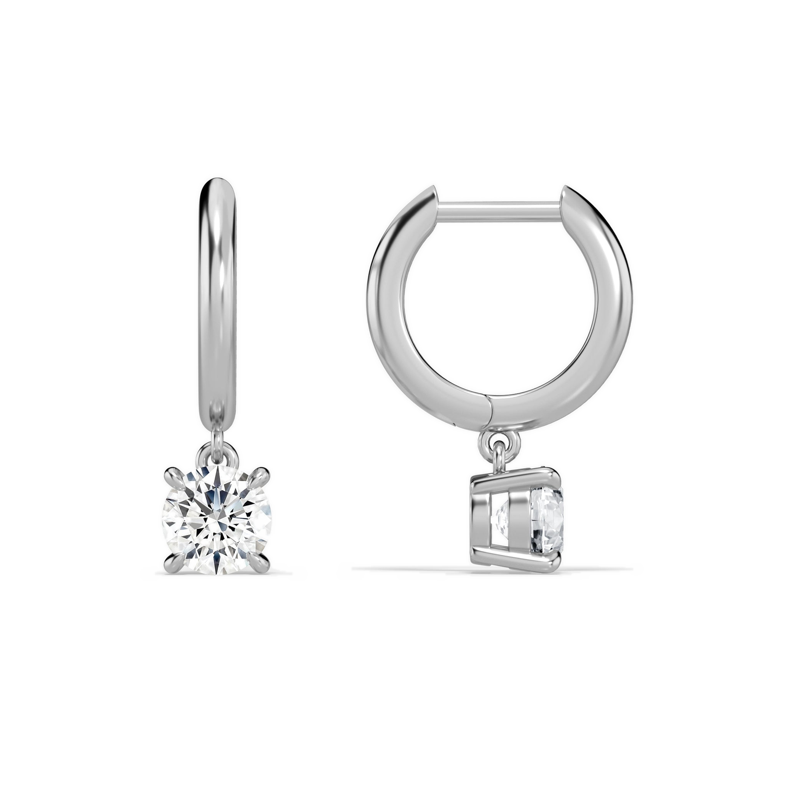 Cerelia Round Solitaire Drop Huggie Hoop Diamond Earrings in 14K White Gold second product view