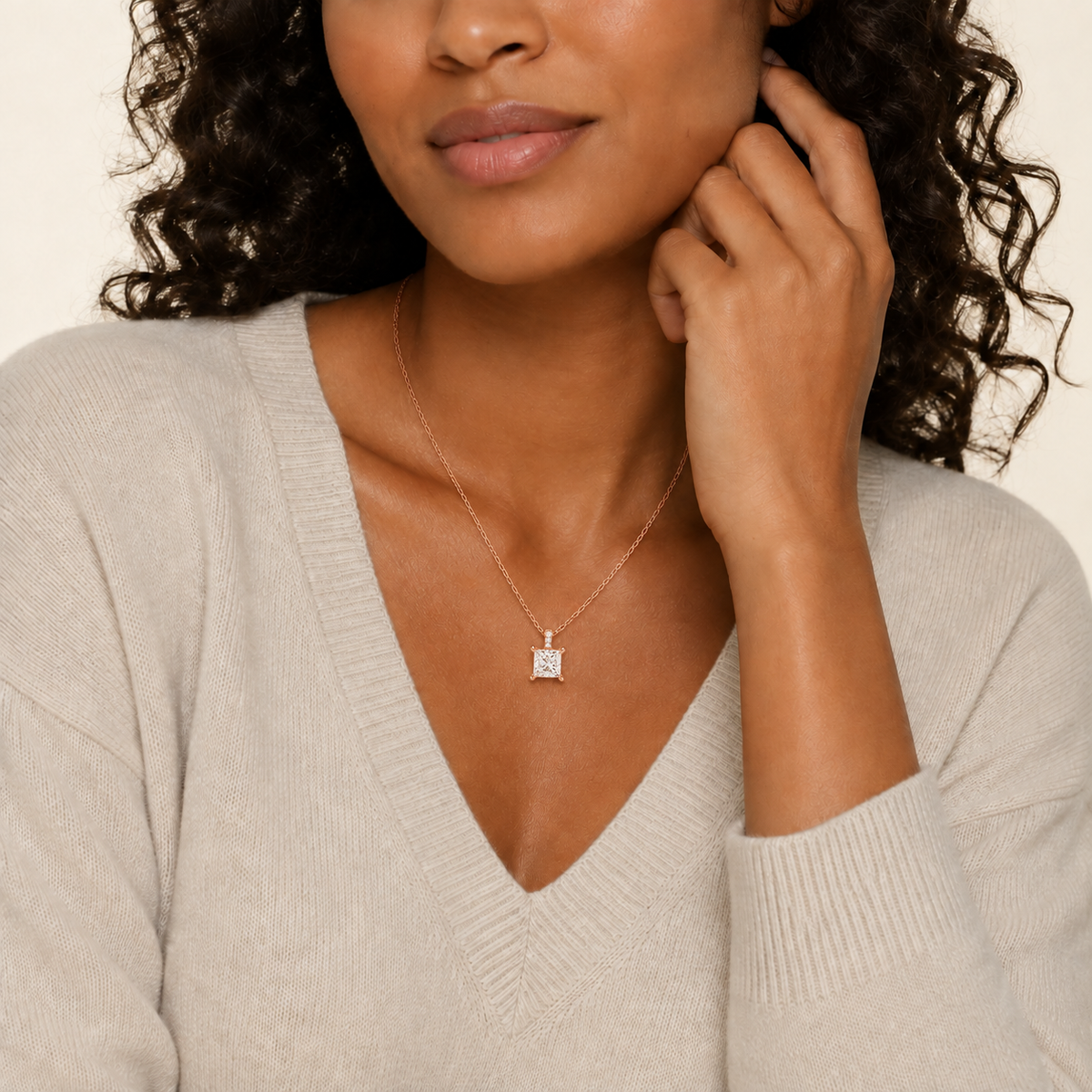 Maeva Princess Accented Bail Lab-Grown Diamond Pendant Necklace in 14K Rose Gold, worn on neck