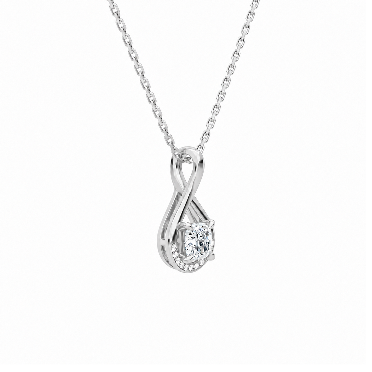 Nelle Cushion Accented Twist Lab-Grown Diamond Pendant Necklace in 18K White Gold, alternate product view