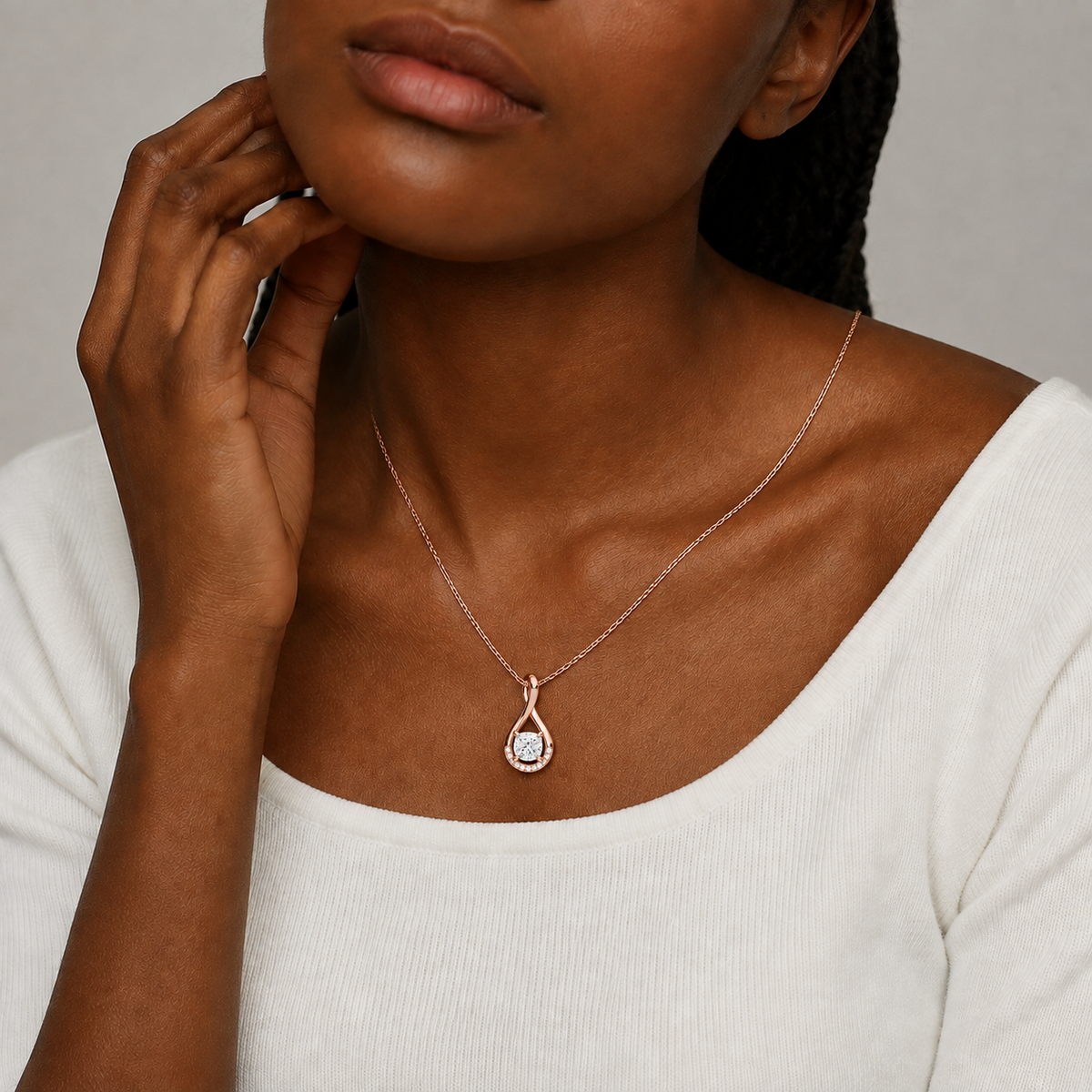 Nelle Cushion Accented Twist Lab-Grown Diamond Pendant Necklace in 14K Rose Gold, worn on neck