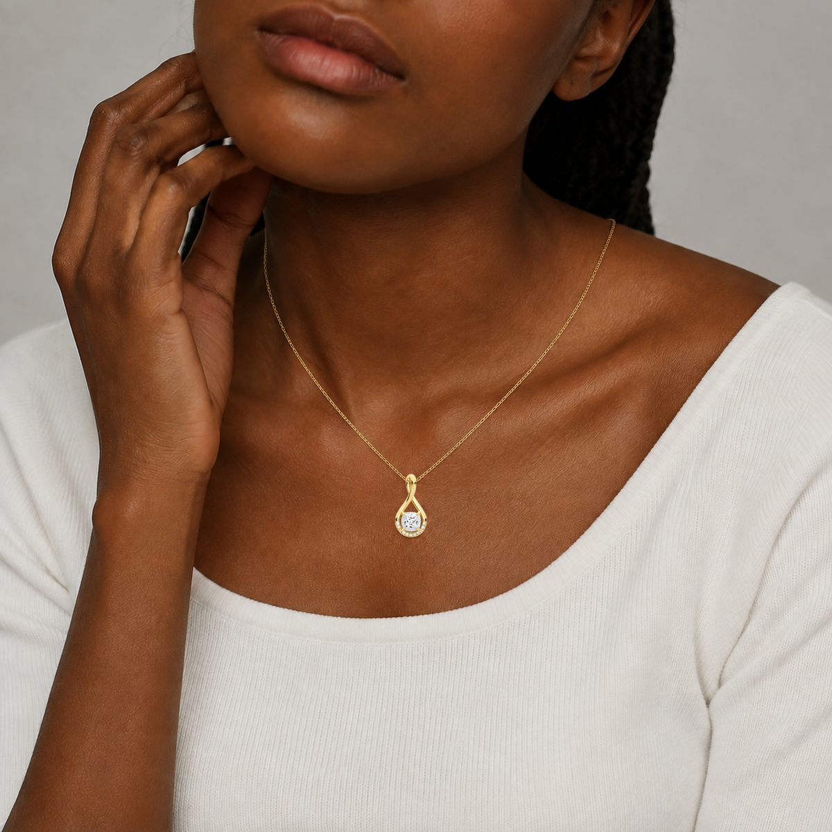 Nelle Cushion Accented Twist Lab-Grown Diamond Pendant Necklace in 18K Yellow Gold, worn on neck