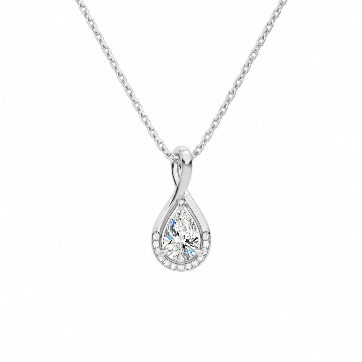 Nelle Pear Accented Twist Lab-Grown Diamond Pendant Necklace in 14K White Gold, front view