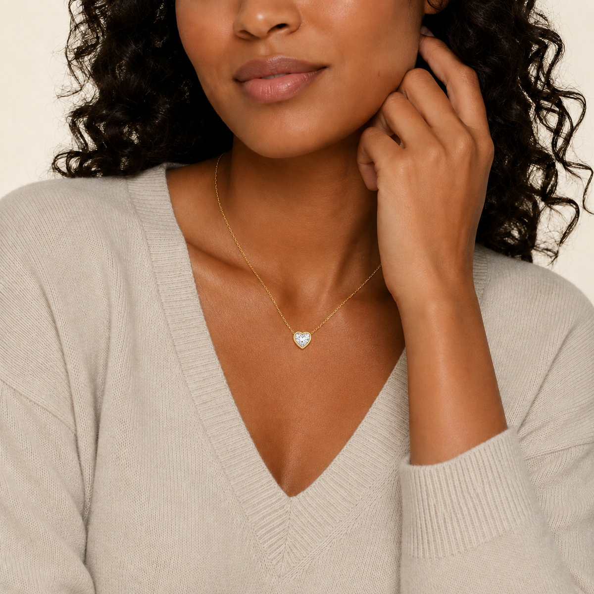 Sienna Heart Bezel Solitaire Lab-Grown Diamond Necklace in 18K Yellow Gold, worn on neck