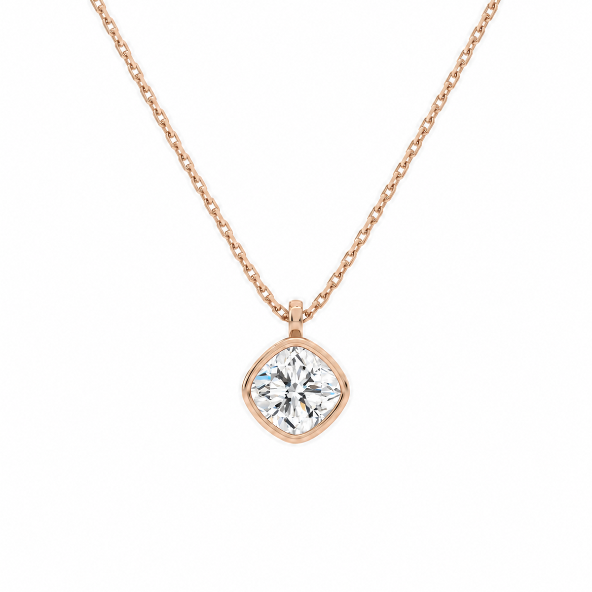 Stellaire Cushion Bezel Solitaire Lab-Grown Diamond Pendant Necklace in 14K Rose Gold, front view