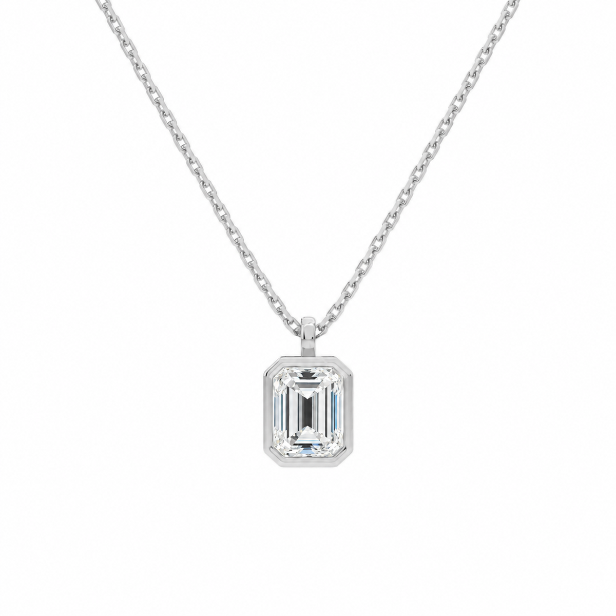 Stellaire Emerald Bezel Solitaire Lab-Grown Diamond Pendant Necklace in 14K White Gold, front view