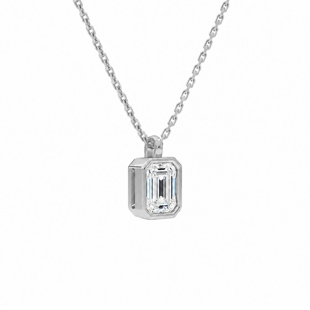 Stellaire Emerald Bezel Solitaire Lab-Grown Diamond Pendant Necklace in 14K White Gold, alternate product view