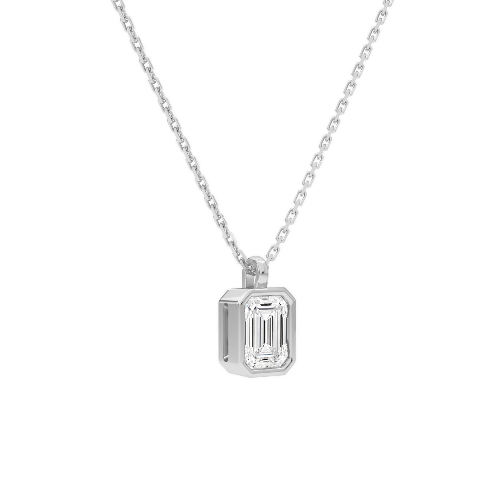 Stellaire Emerald Bezel Solitaire Diamond Pendant Necklace in 14K White Gold second product view