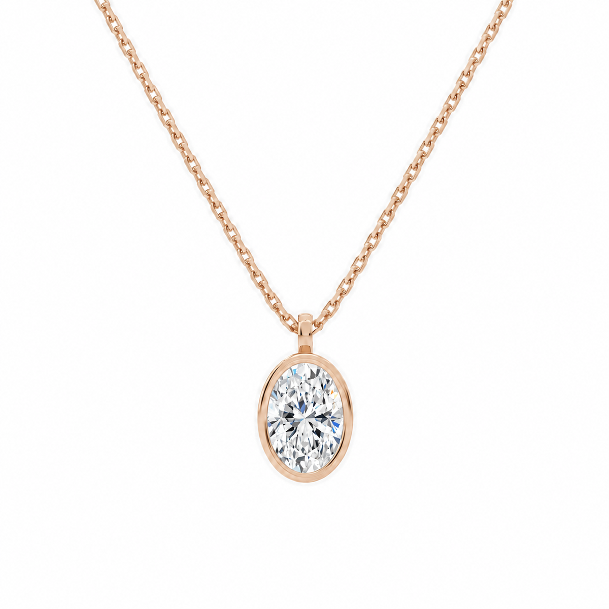 Stellaire Oval Bezel Solitaire Lab-Grown Diamond Pendant Necklace in 14K Rose Gold, front view