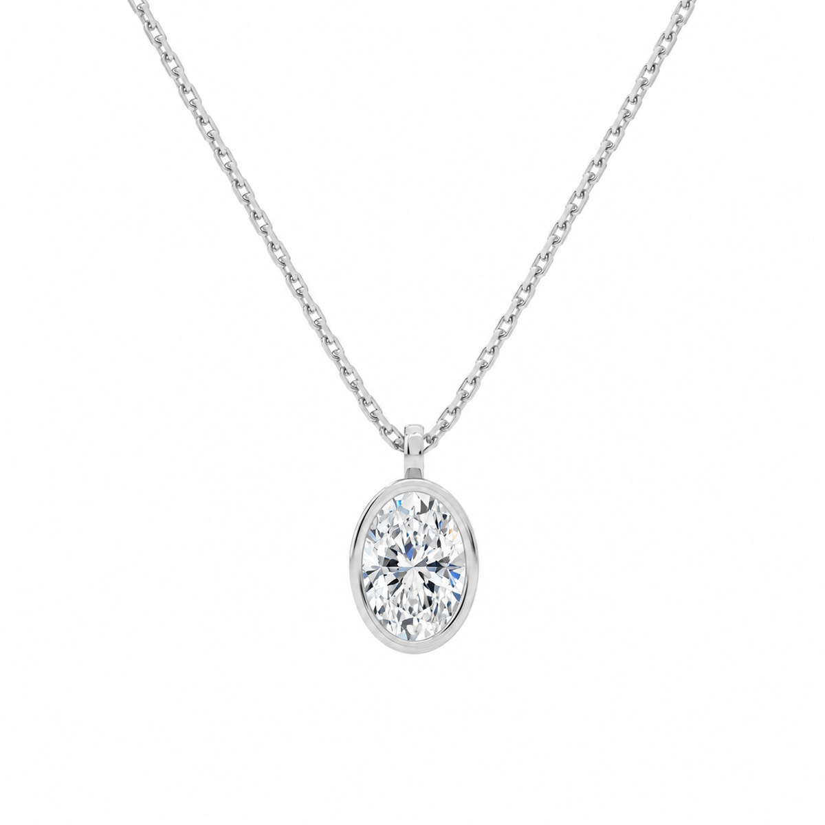 Stellaire Oval Bezel Solitaire Lab-Grown Diamond Pendant Necklace in 18K White Gold, front view