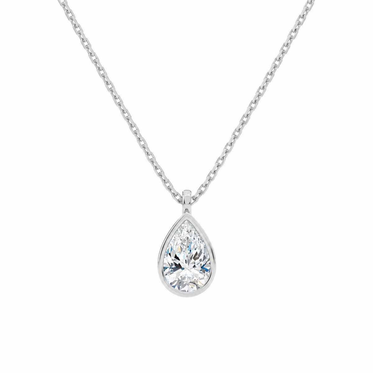Stellaire Pear Bezel Solitaire Lab-Grown Diamond Pendant Necklace in 18K White Gold, front view
