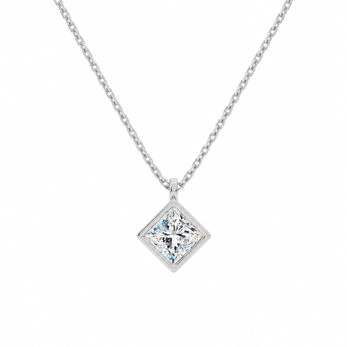 Stellaire Princess Bezel Solitaire Lab-Grown Diamond Pendant Necklace in 14K White Gold, front view