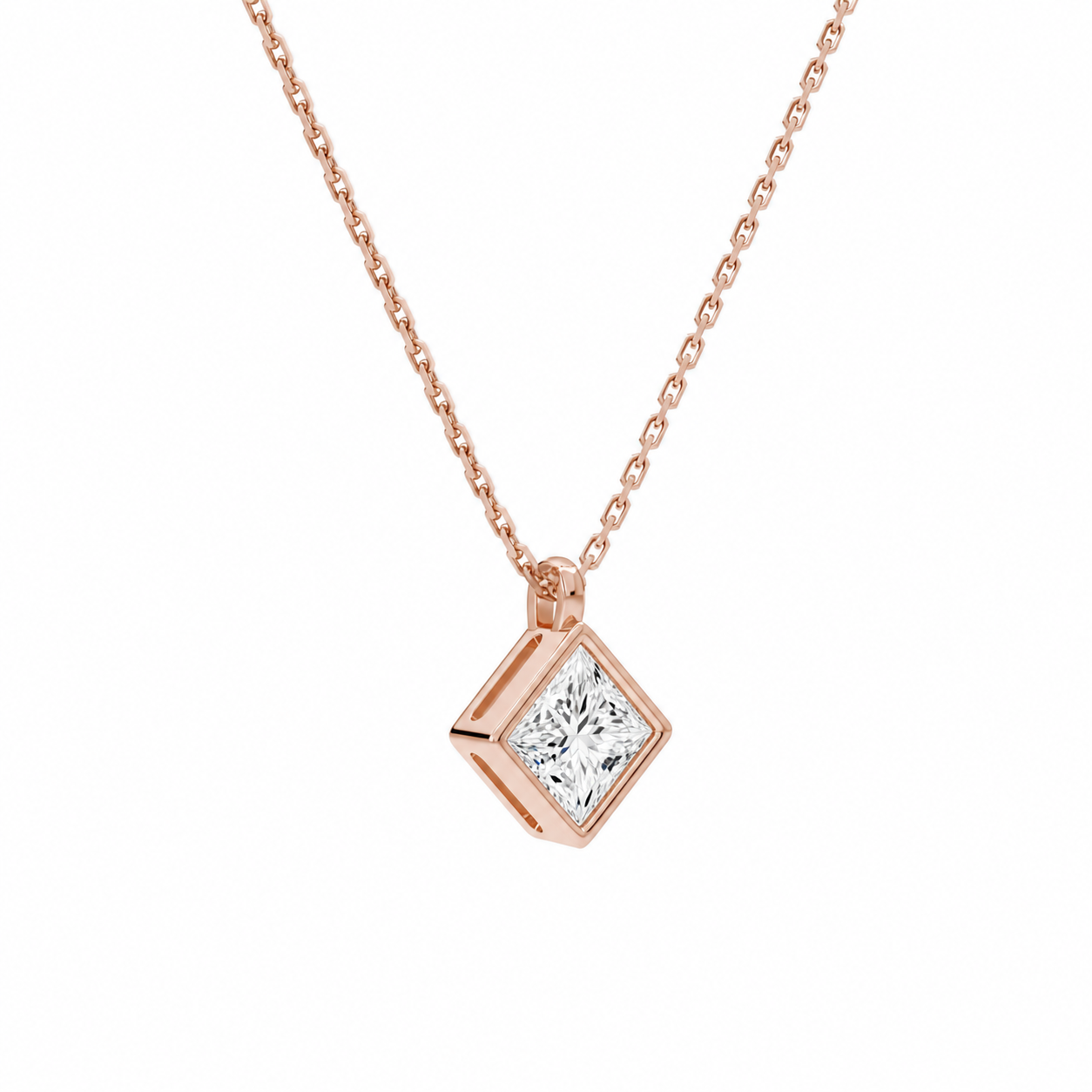 Stellaire Princess Bezel Solitaire Diamond Pendant Necklace in 14K Rose Gold second product view