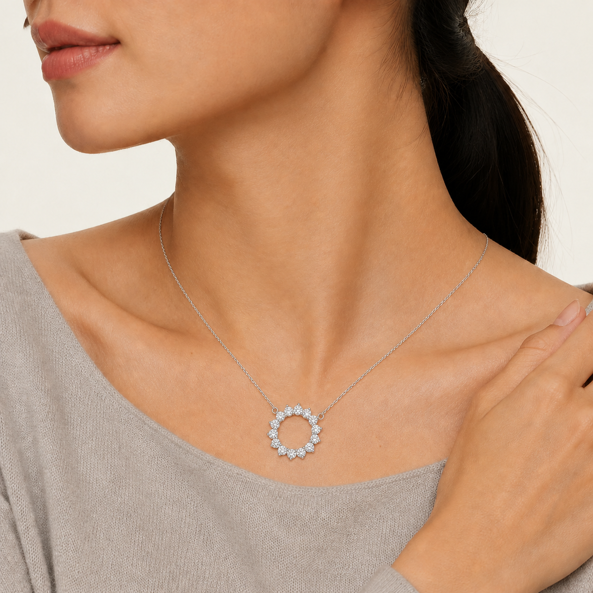 Celina Eclipse Open Circle Lab-Grown Diamond Necklace in Platinum, worn on neck
