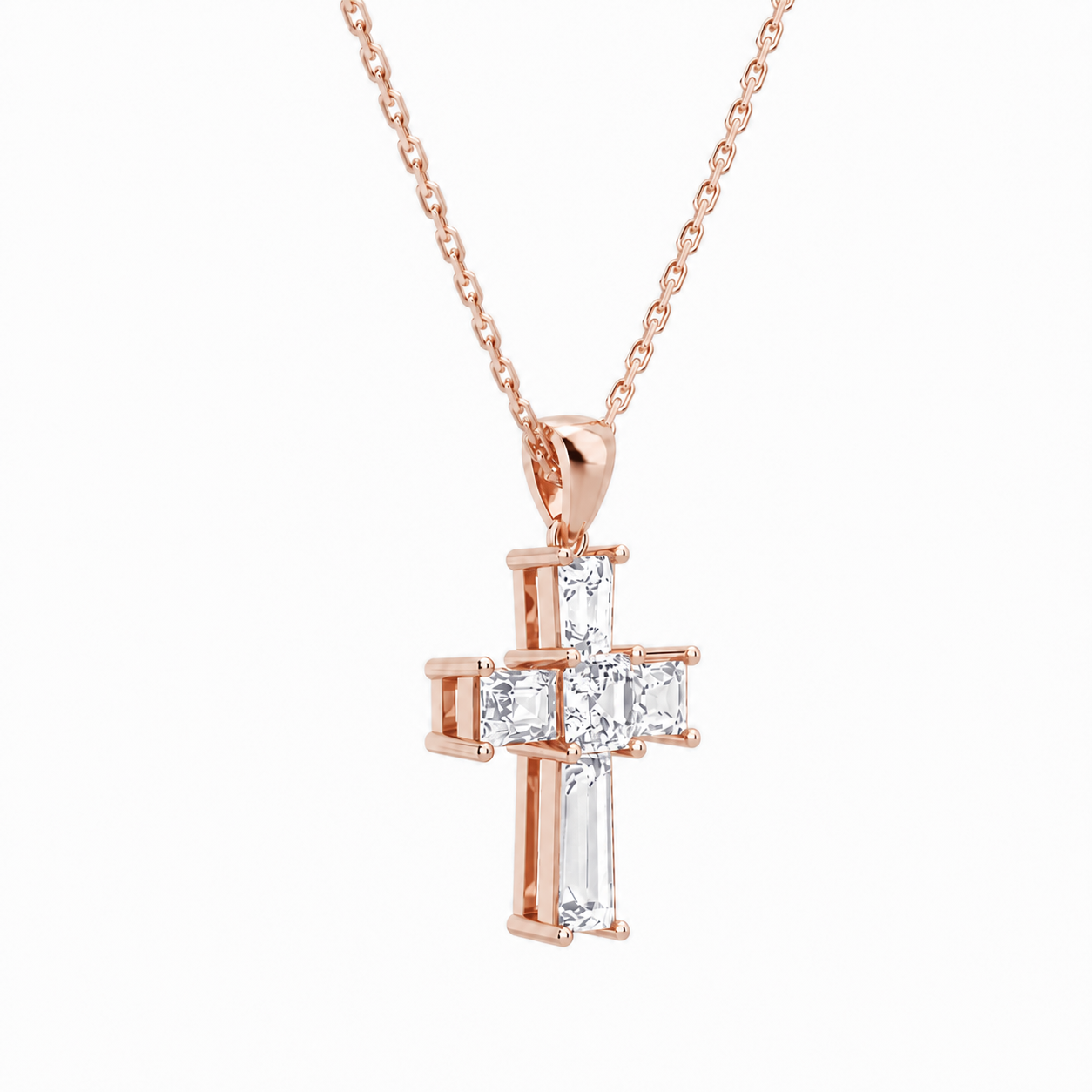 Milena Tapered Baguette Cross Diamond Pendant Necklace in 14K Rose Gold second product view