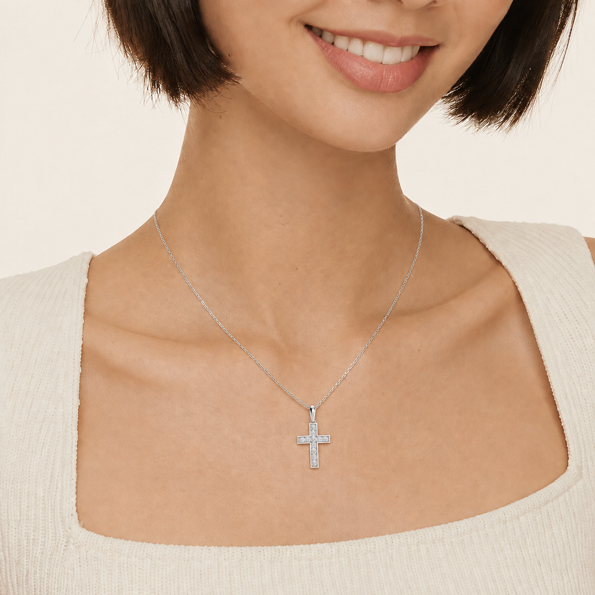 Rivka Bead Bright Cross Lab-Grown Diamond Pendant Necklace in 18K White Gold, worn on neck