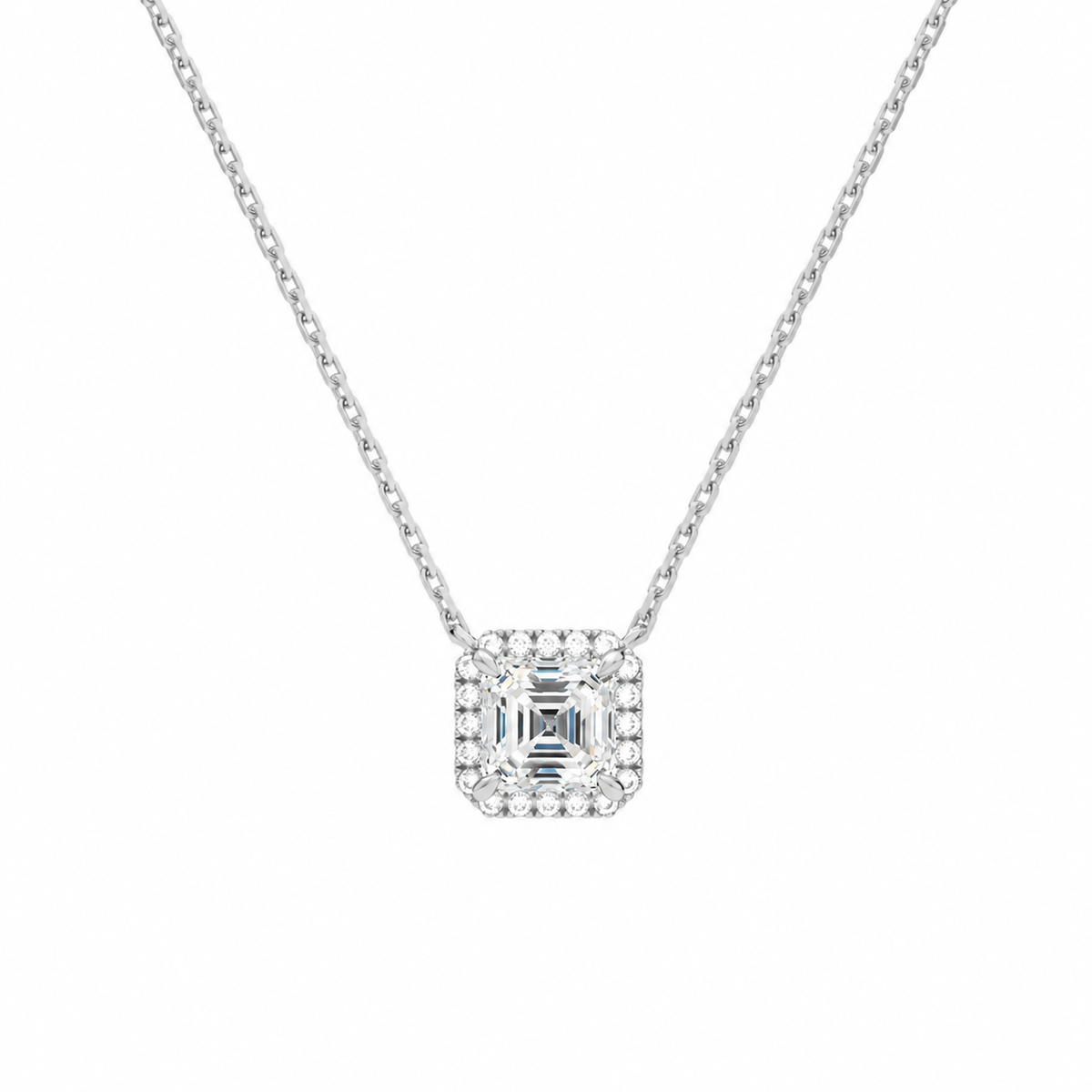Jessa Asscher Halo Lab-Grown Diamond Necklace in 18K White Gold, front view