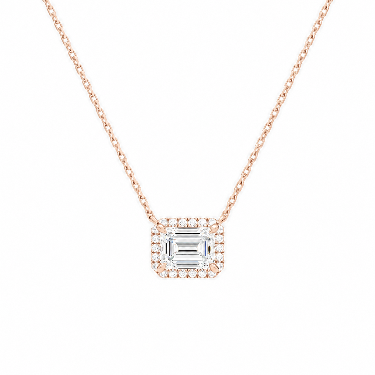 Jessa Emerald Halo Lab-Grown Diamond Necklace in 14K Rose Gold, front view