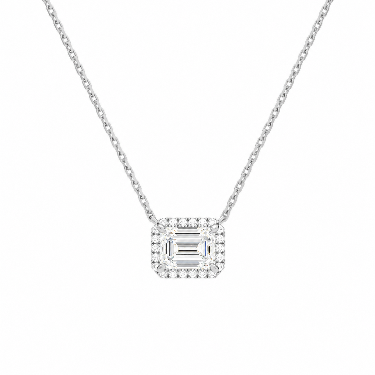 Jessa Emerald Halo Lab-Grown Diamond Necklace in 14K White Gold, front view
