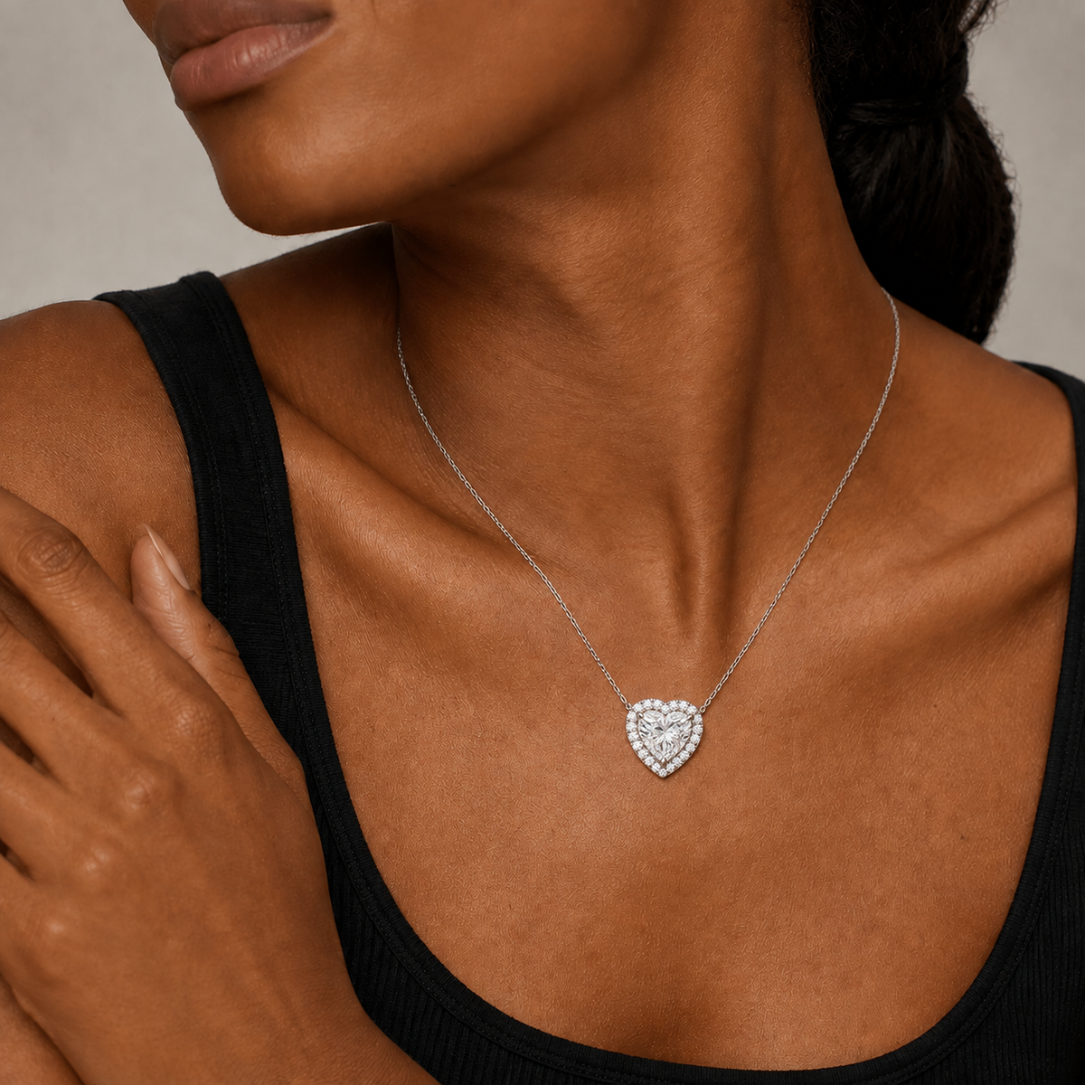 Jessa Heart Halo Lab-Grown Diamond Necklace in Platinum, worn on neck