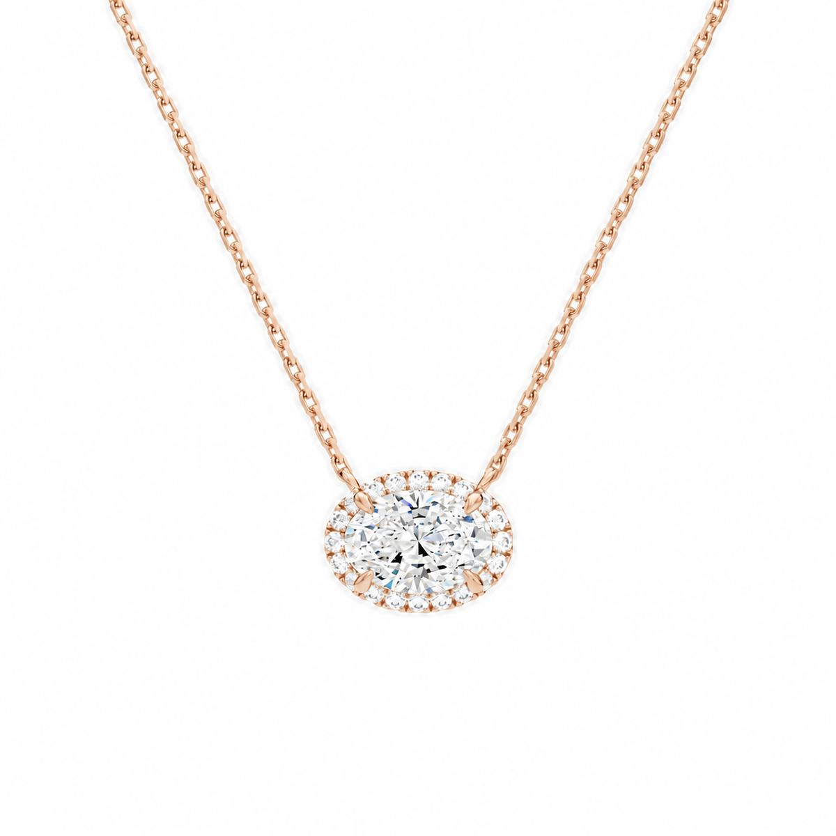 Jessa Oval Halo Lab-Grown Diamond Necklace in 14K Rose Gold, front view