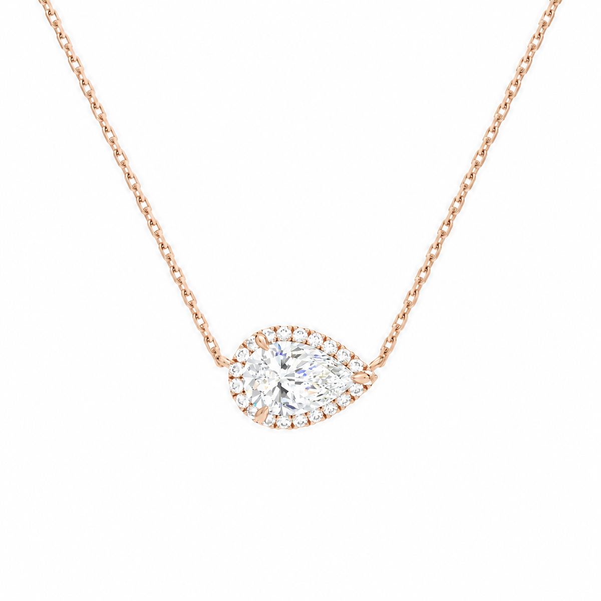 Jessa Pear Halo Lab-Grown Diamond Necklace in 14K Rose Gold, front view