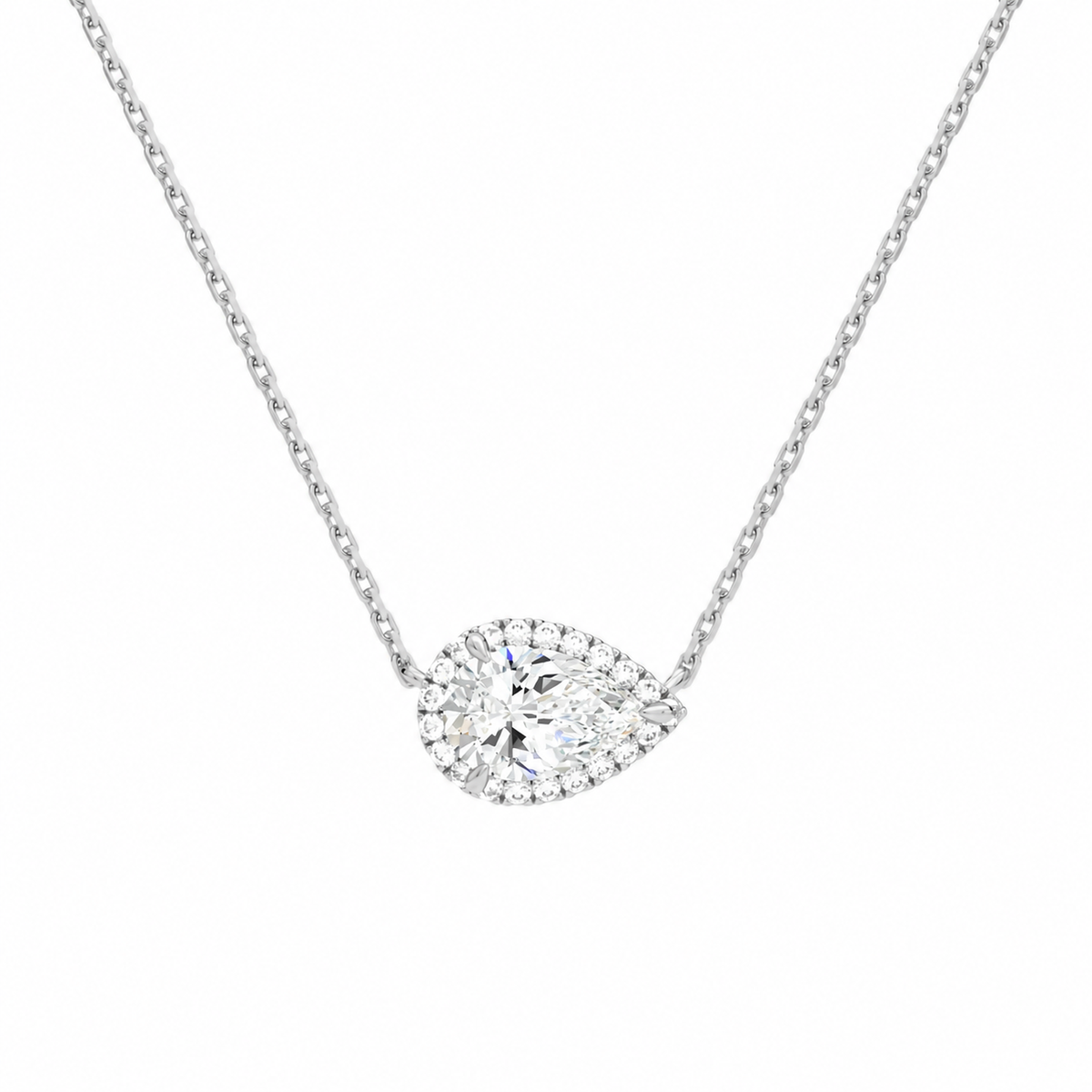 Jessa Pear Halo Lab-Grown Diamond Necklace in 18K White Gold, front view