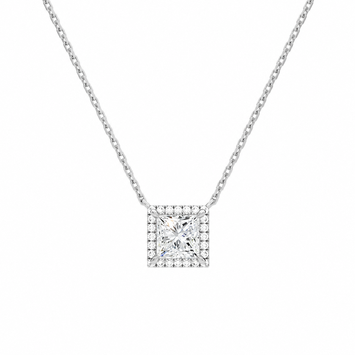 Jessa Princess Halo Lab-Grown Diamond Necklace in 14K White Gold, front view