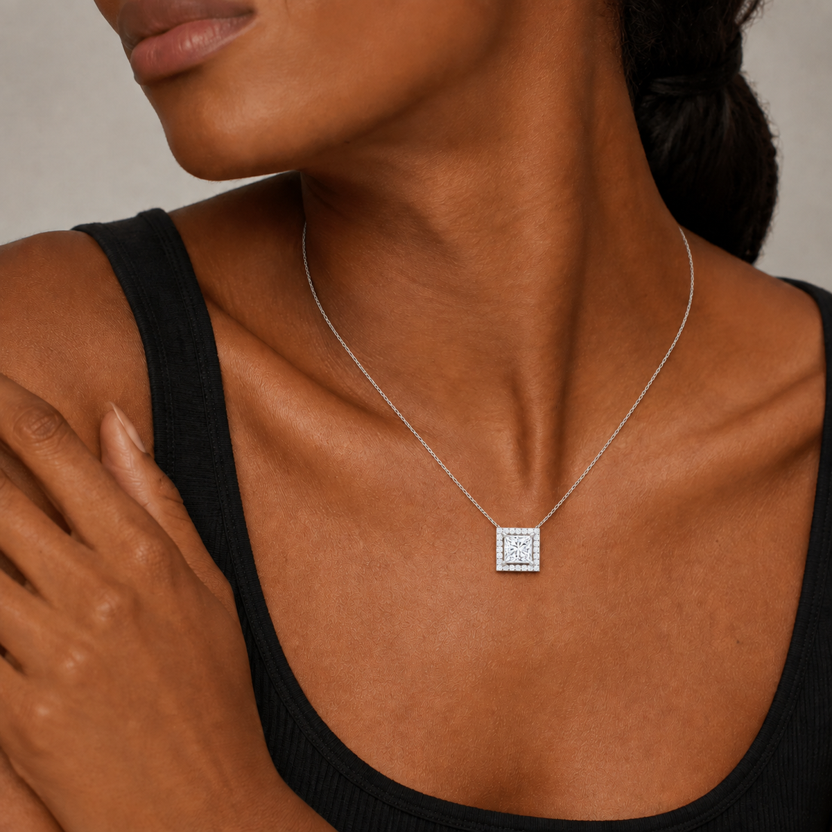 Jessa Princess Halo Lab-Grown Diamond Necklace in Platinum, worn on neck