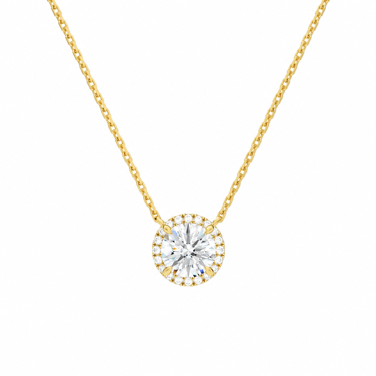 Jessa Round Halo Lab-Grown Diamond Necklace in 14K Yellow Gold, front view