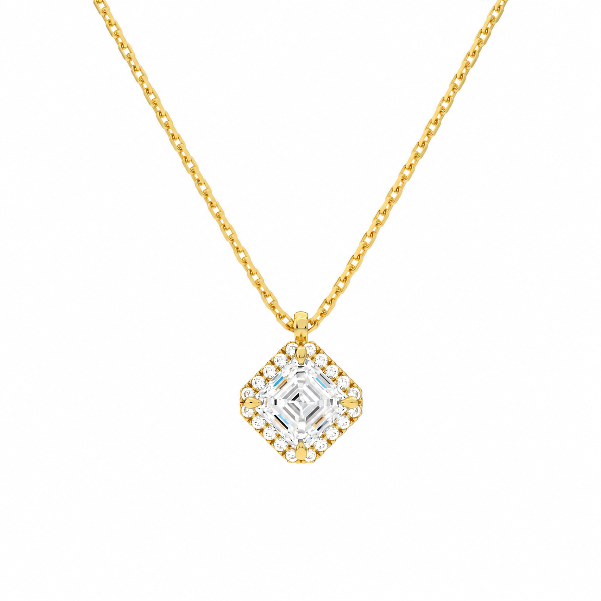 Malia Asscher Halo Lab-Grown Diamond Pendant Necklace in 14K Yellow Gold, front view