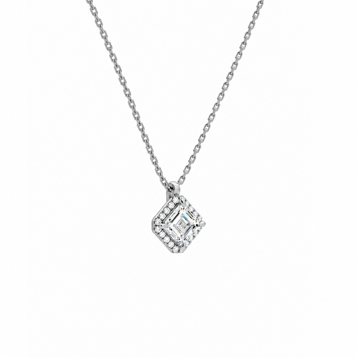 Malia Asscher Halo Lab-Grown Diamond Pendant Necklace in 18K White Gold, alternate product view