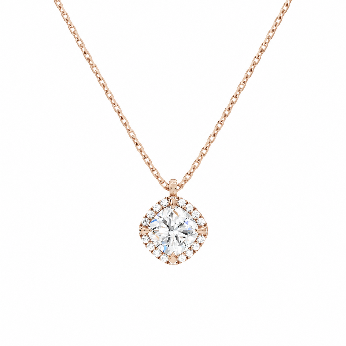 Malia Cushion Halo Lab-Grown Diamond Pendant Necklace in 14K Rose Gold, front view