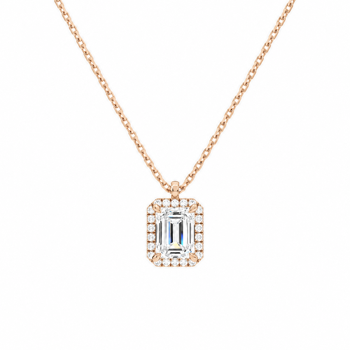 Malia Emerald Halo Lab-Grown Diamond Pendant Necklace in 14K Rose Gold, front view