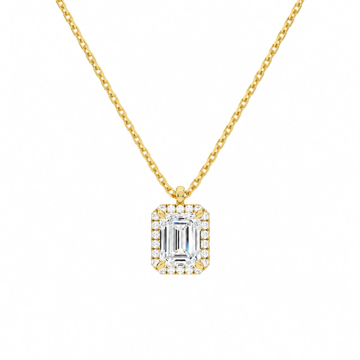 Malia Emerald Halo Lab-Grown Diamond Pendant Necklace in 18K Yellow Gold, front view
