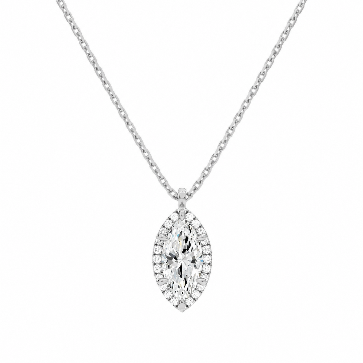 Malia Marquise Halo Lab-Grown Diamond Pendant Necklace in 14K White Gold, front view