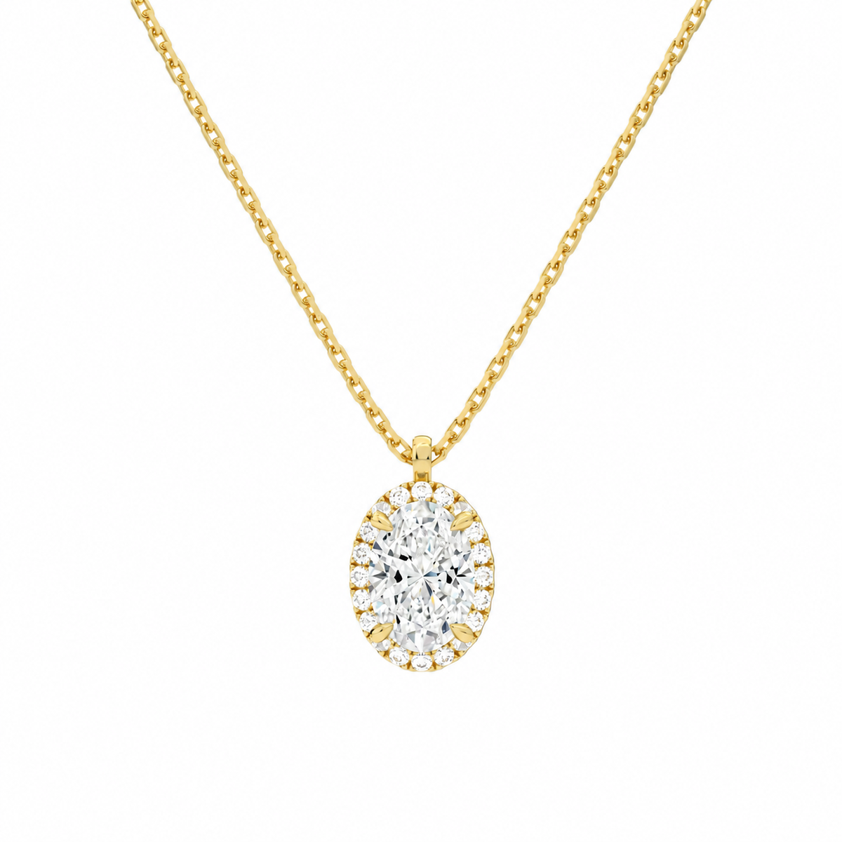Malia Oval Halo Lab-Grown Diamond Pendant Necklace in 18K Yellow Gold, front view