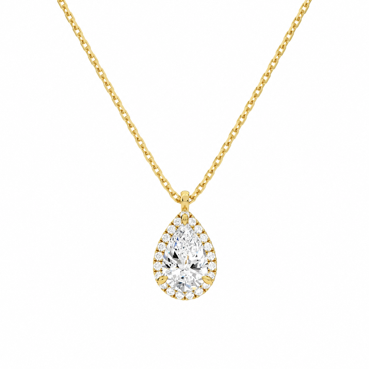 Malia Pear Halo Lab-Grown Diamond Pendant Necklace in 14K Yellow Gold, front view