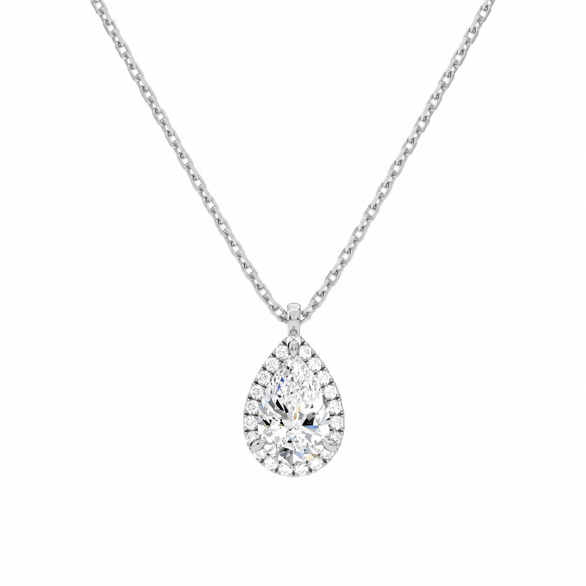 Malia Pear Halo Lab-Grown Diamond Pendant Necklace in 18K White Gold, front view
