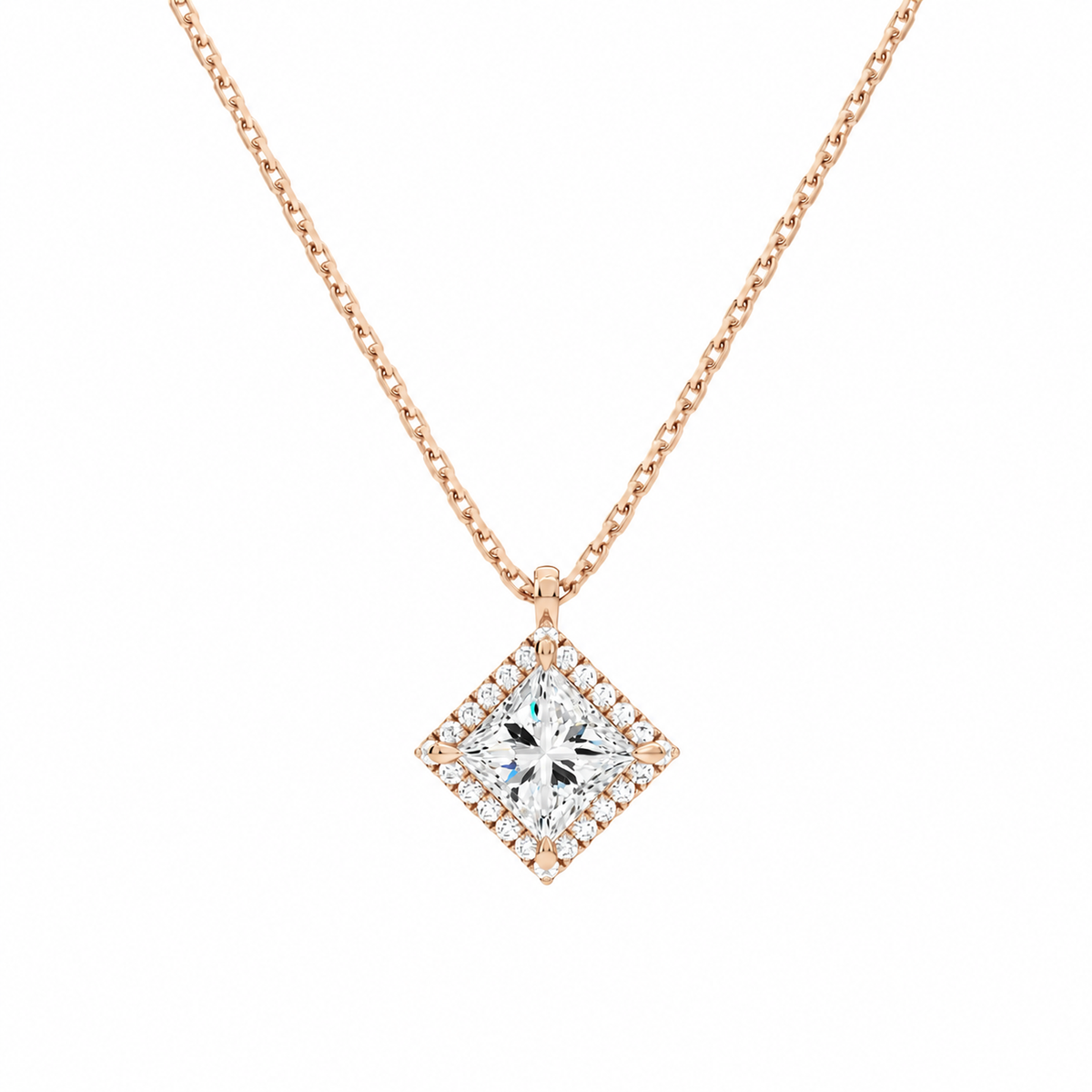 Malia Princess Halo Lab-Grown Diamond Pendant Necklace in 14K Rose Gold, front view