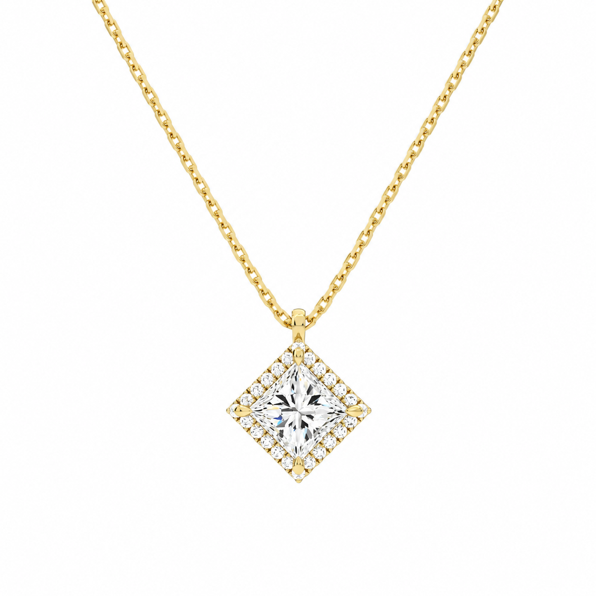 Malia Princess Halo Lab-Grown Diamond Pendant Necklace in 14K Yellow Gold, front view