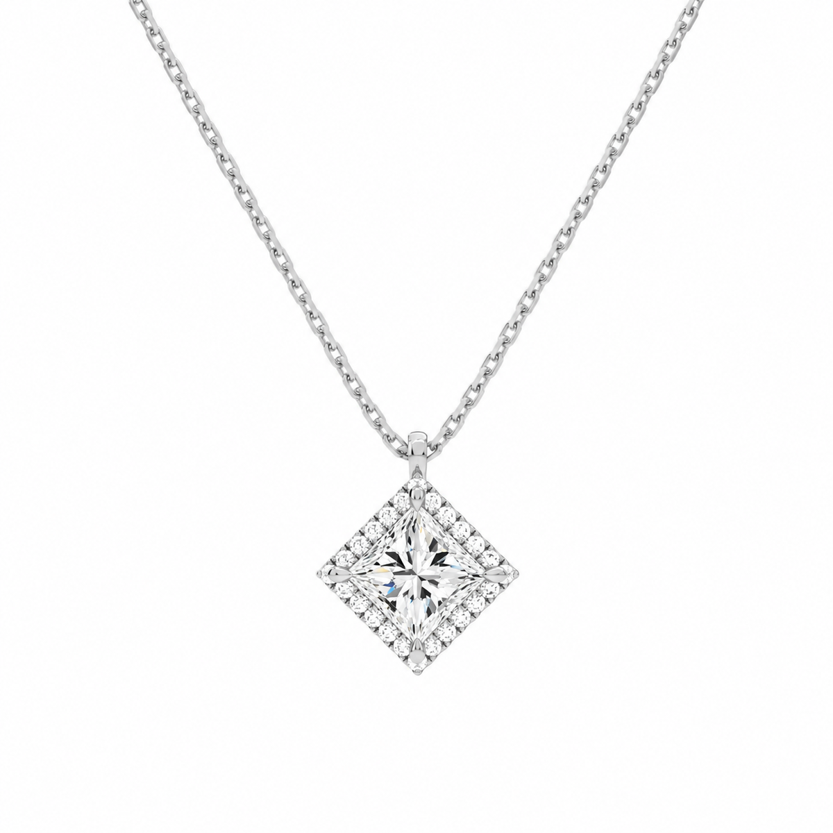 Malia Princess Halo Lab-Grown Diamond Pendant Necklace in Platinum, front view