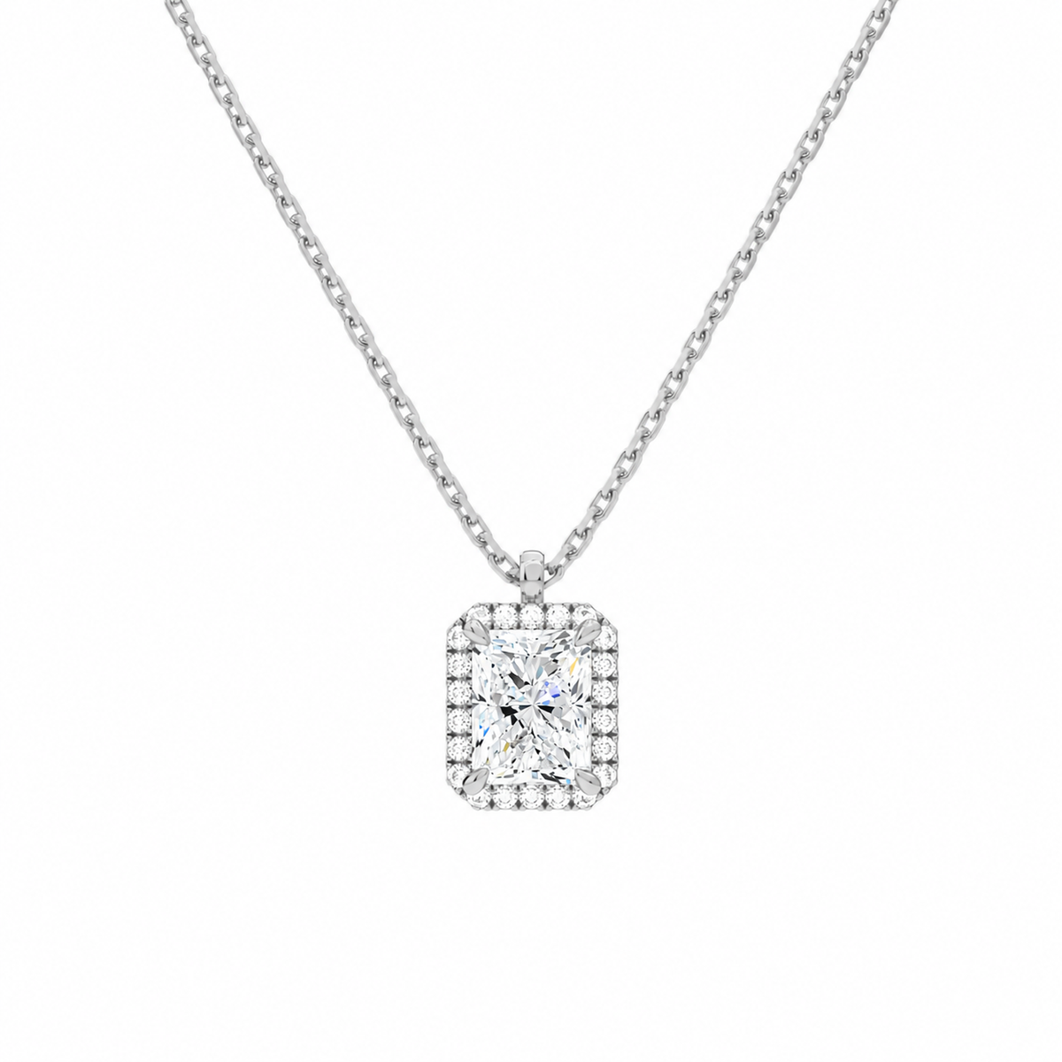 Malia Radiant Halo Lab-Grown Diamond Pendant Necklace in Platinum, front view