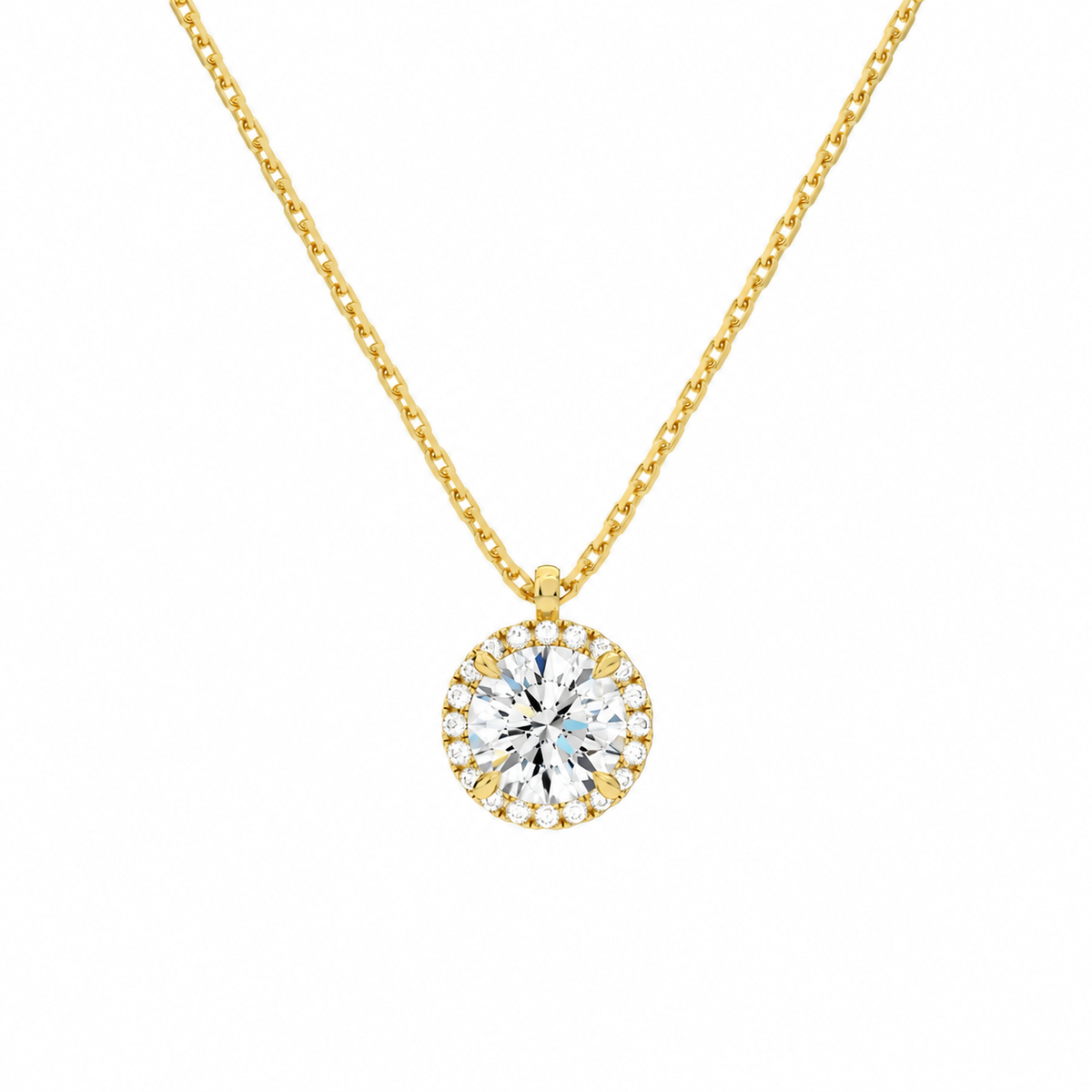Malia Round Halo Lab-Grown Diamond Pendant Necklace in 14K Yellow Gold, front view
