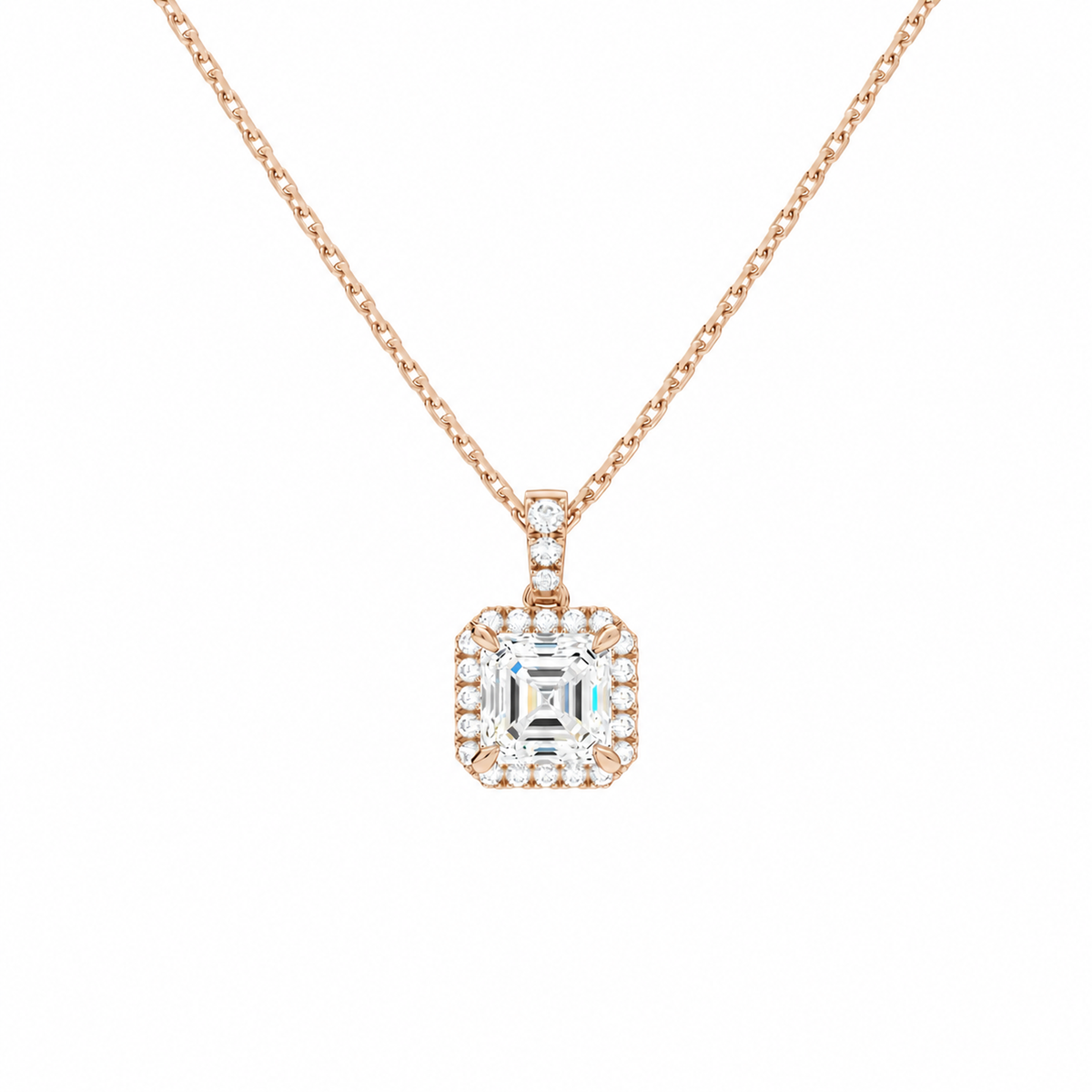 Leona Asscher Halo Accented Bail Lab-Grown Diamond Pendant Necklace in 14K Rose Gold, front view