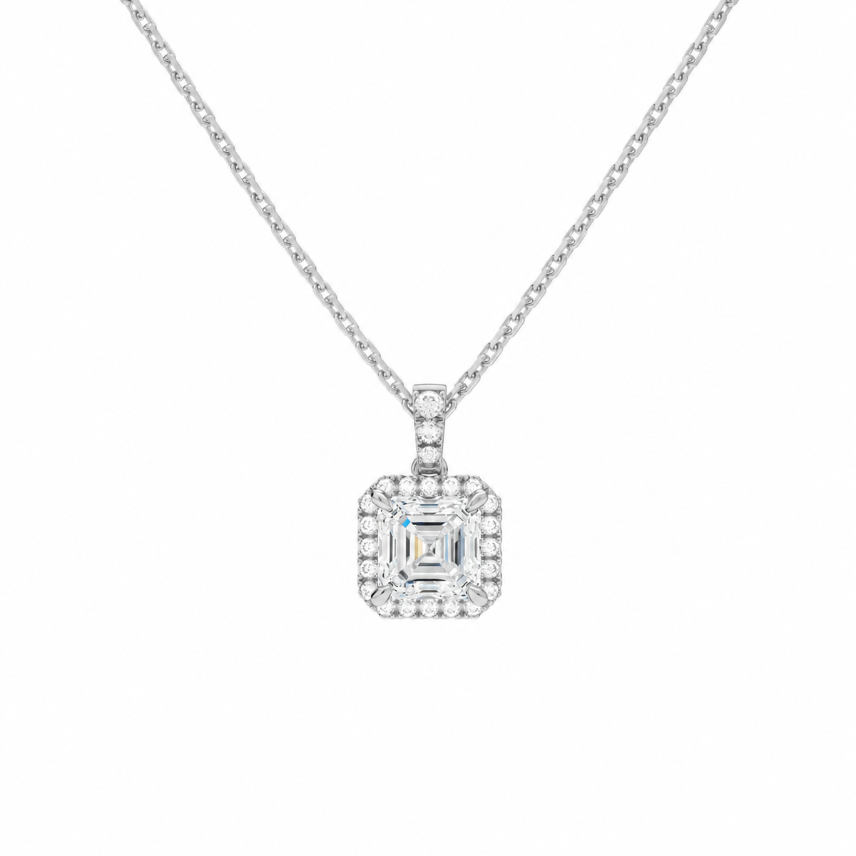 Leona Asscher Halo Accented Bail Lab-Grown Diamond Pendant Necklace in 18K White Gold, front view