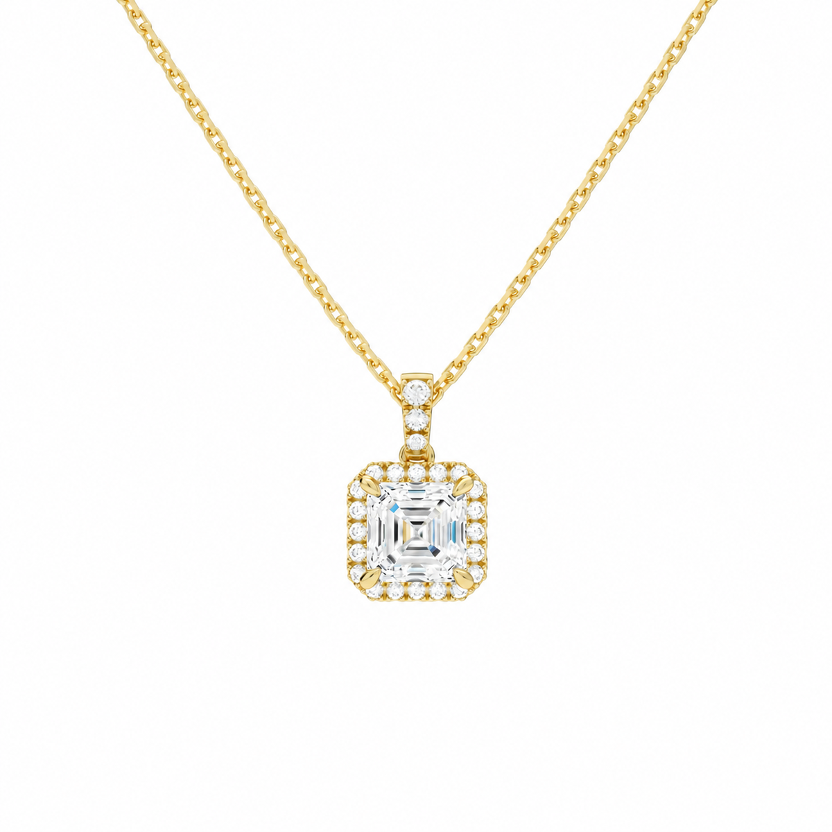 Leona Asscher Halo Accented Bail Lab-Grown Diamond Pendant Necklace in 18K Yellow Gold, front view