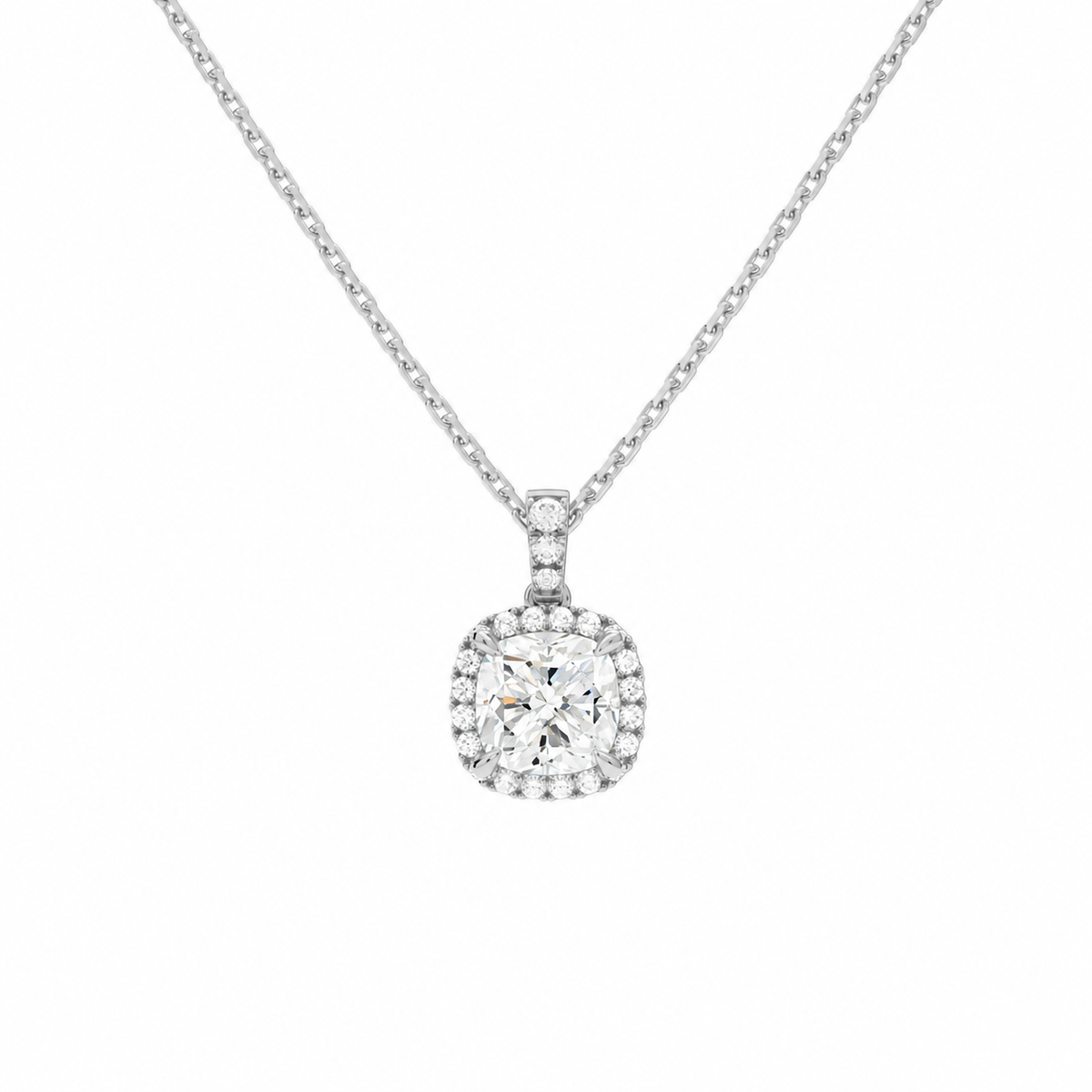 Leona Cushion Halo Accented Bail Lab-Grown Diamond Pendant Necklace in 18K White Gold, front view
