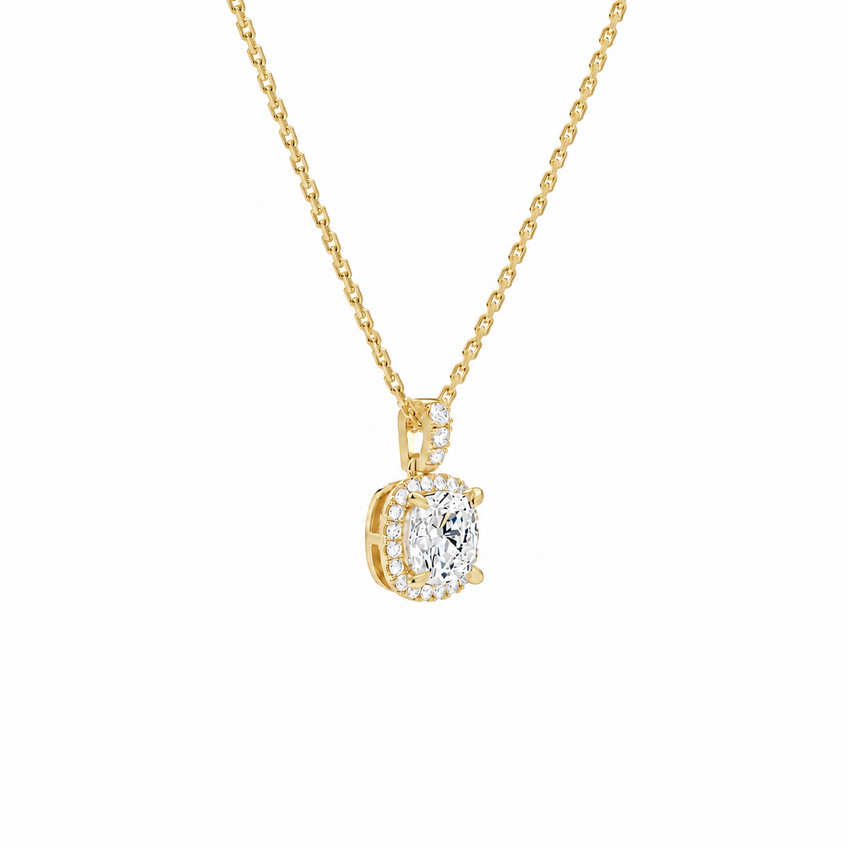 Leona Cushion Halo Accented Bail Lab-Grown Diamond Pendant Necklace in 18K Yellow Gold, alternate product view